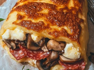 Rustico di patate farcito con funghi, mozzarella e salame