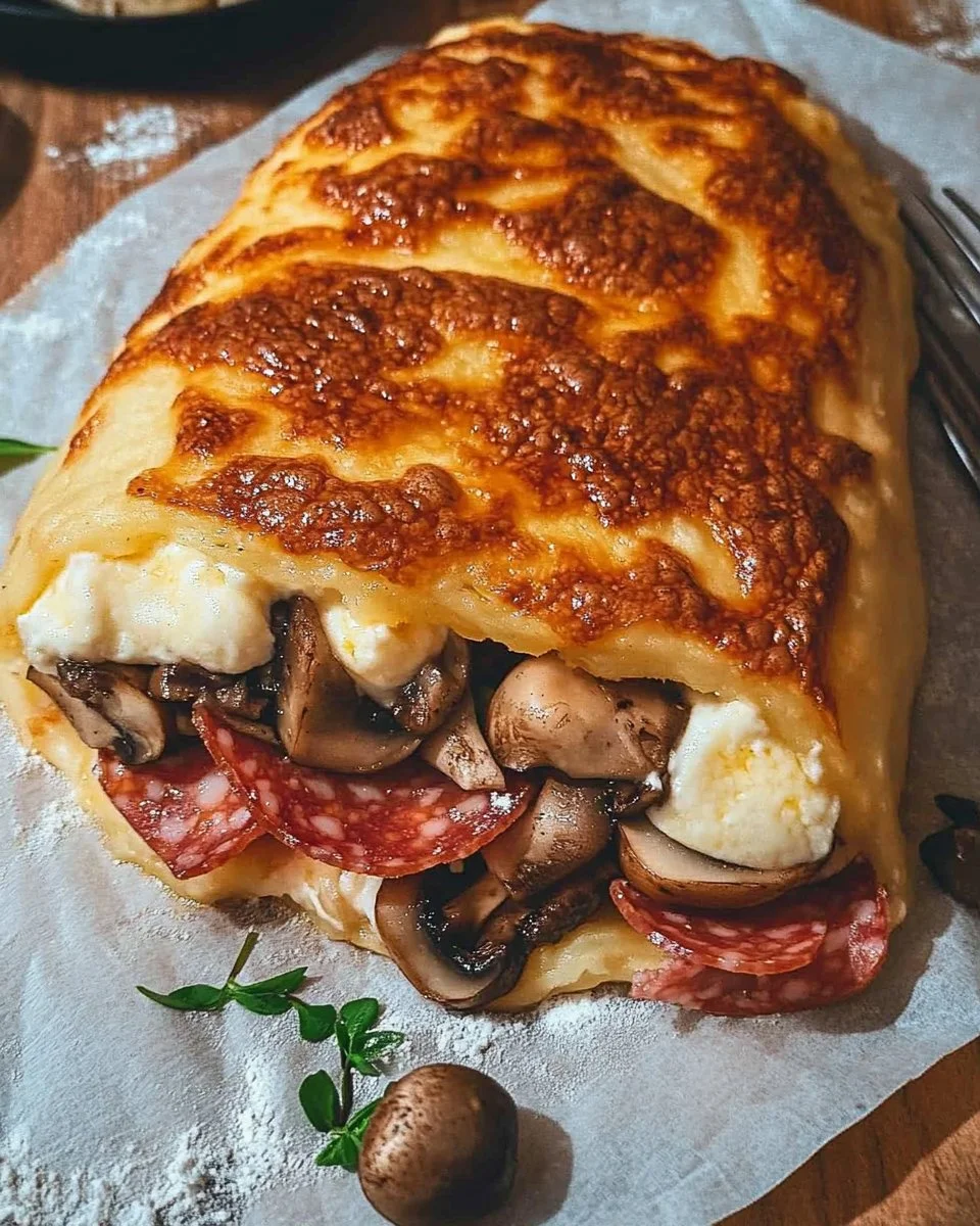 Rustico di patate farcito con funghi, mozzarella e salame