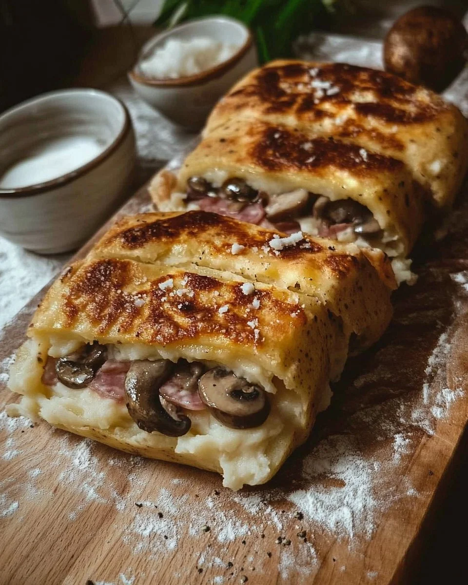 Rustico di patate farcito con funghi, mozzarella e salame