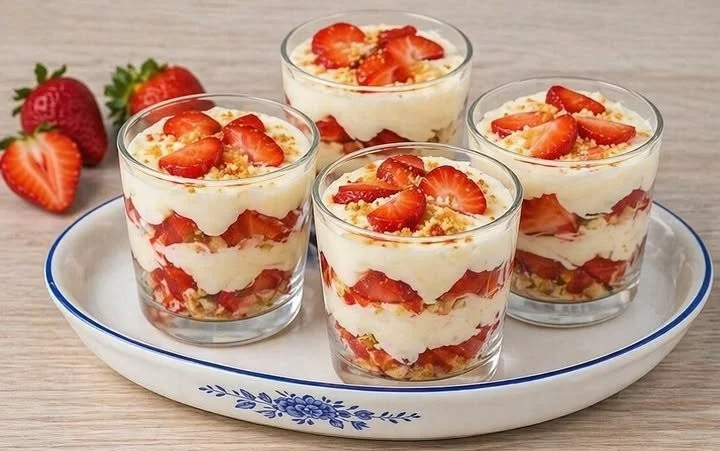 Crema morbida al mascarpone e fragole in bicchiere