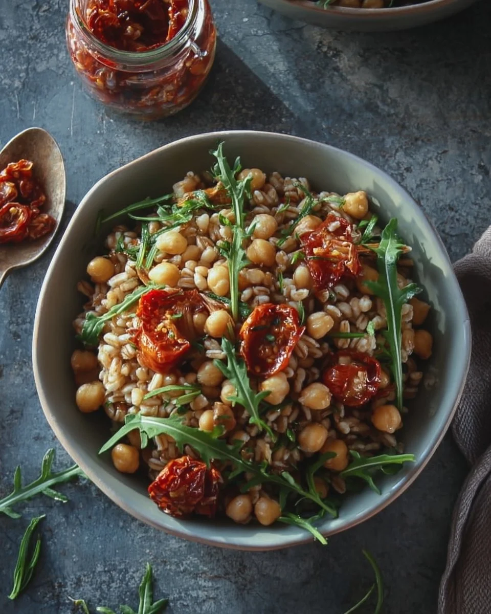 Farro con Ceci Speziati e Pomodorini Confit.