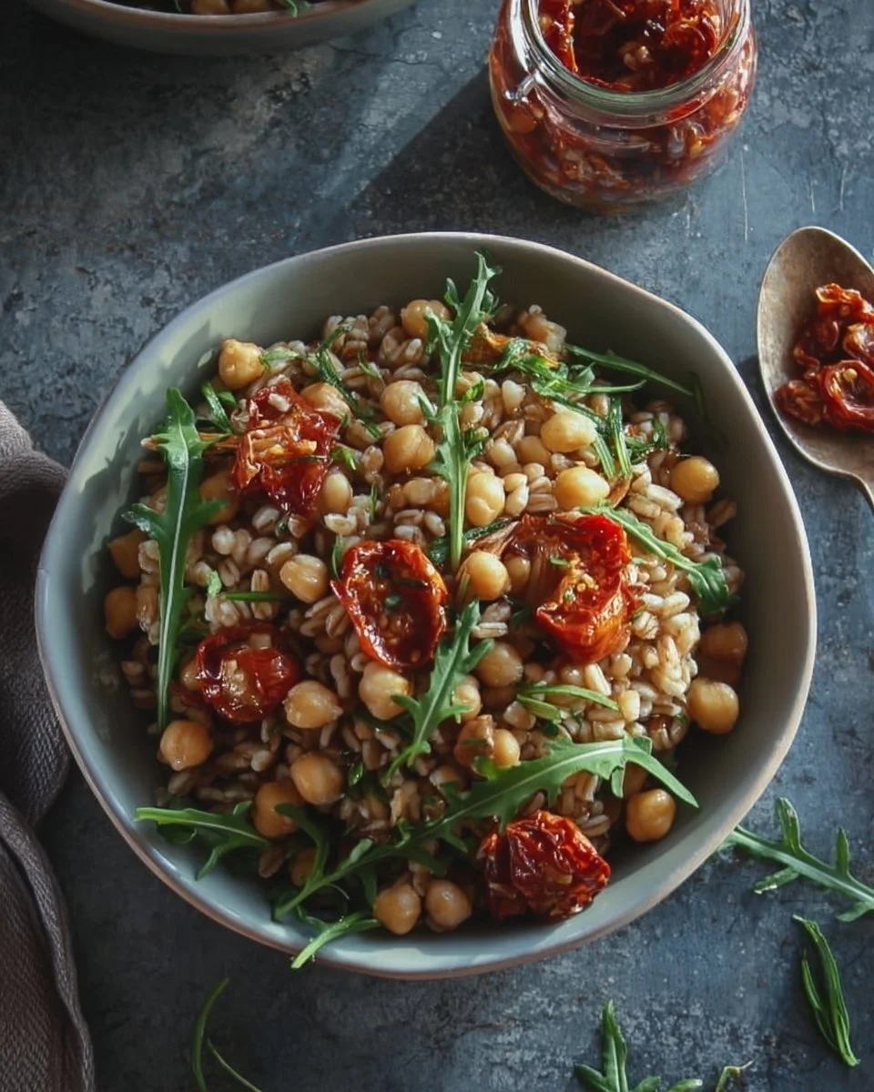 Farro con Ceci Speziati e Pomodorini Confit.