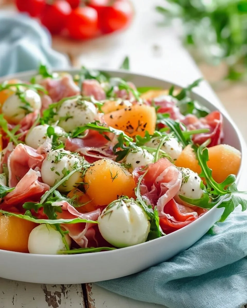Insalata di melone con prosciutto di pollo mozzarella e rucola