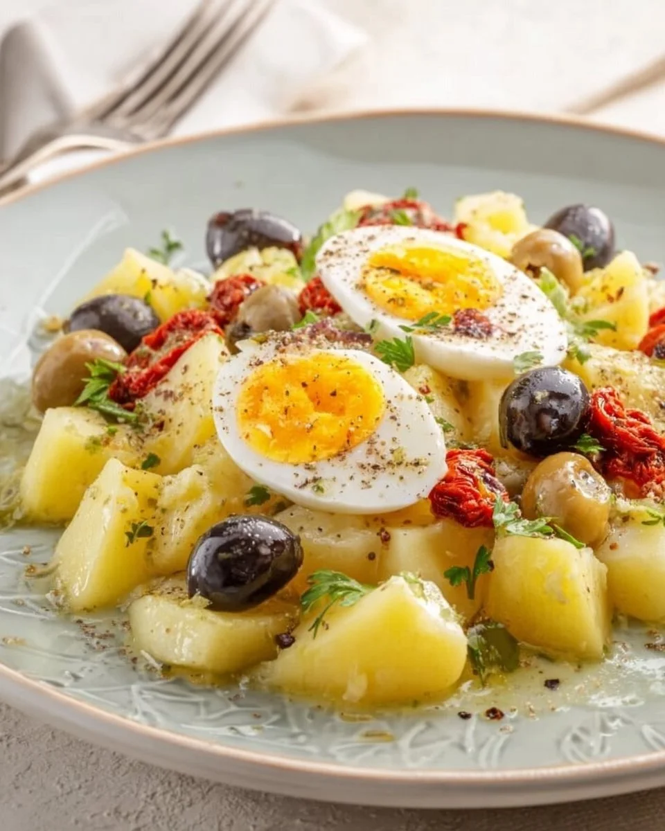 Insalata di Patate Sfiziosa con Pomodori Secchi, Uova e Olive