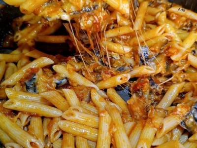 Pasta with fried eggplant and smoked provola