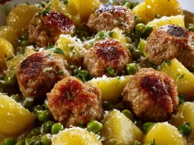 Polpette in umido con piselli e patate