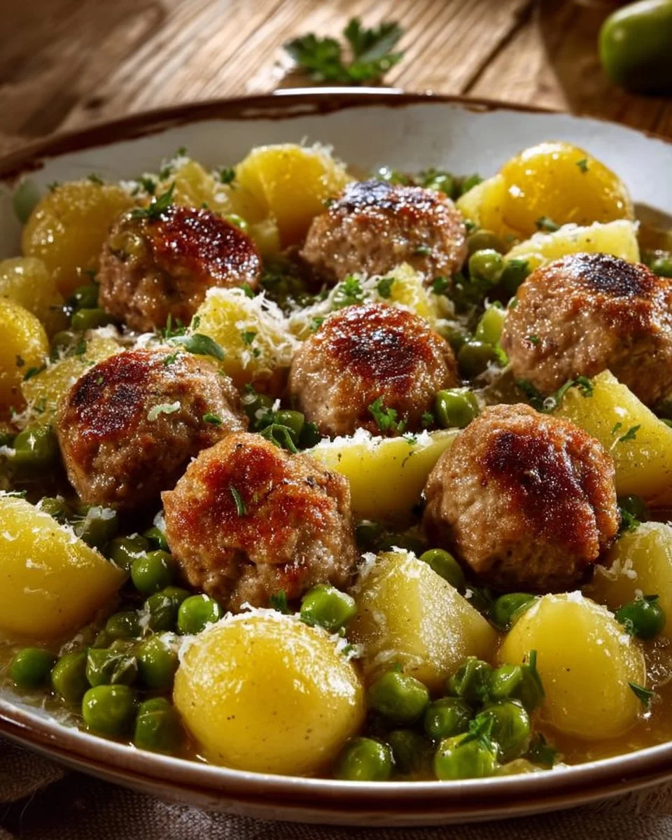 Polpette in umido con piselli e patate
