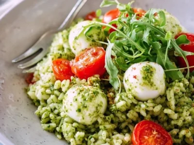 Riso freddo con pesto di rucola, pomodorini e mozzarella