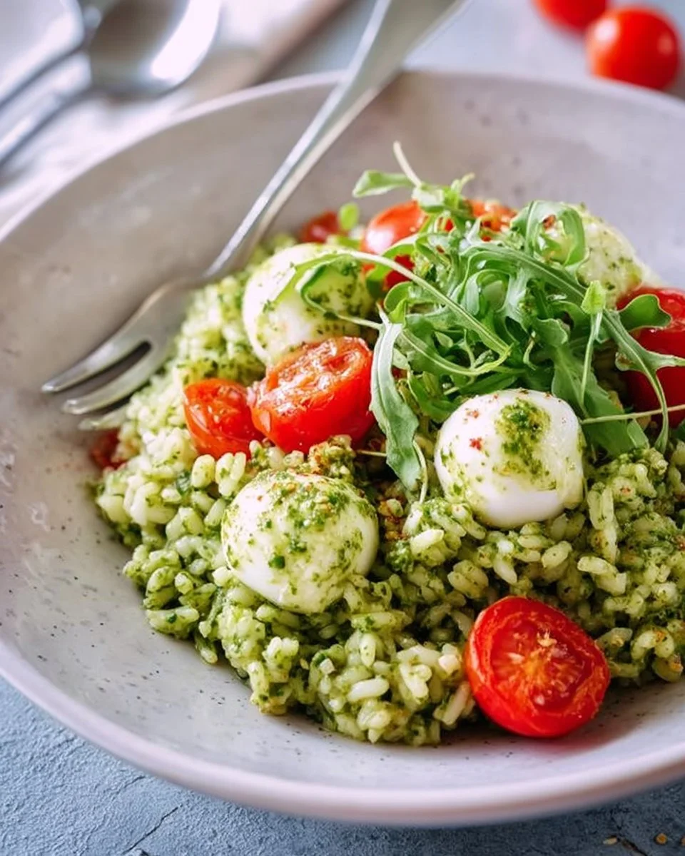 Riso freddo con pesto di rucola, pomodorini e mozzarella