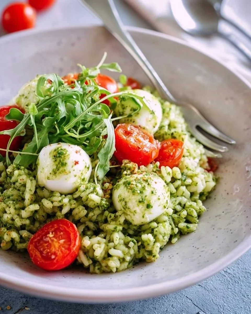 Riso freddo con pesto di rucola, pomodorini e mozzarella
