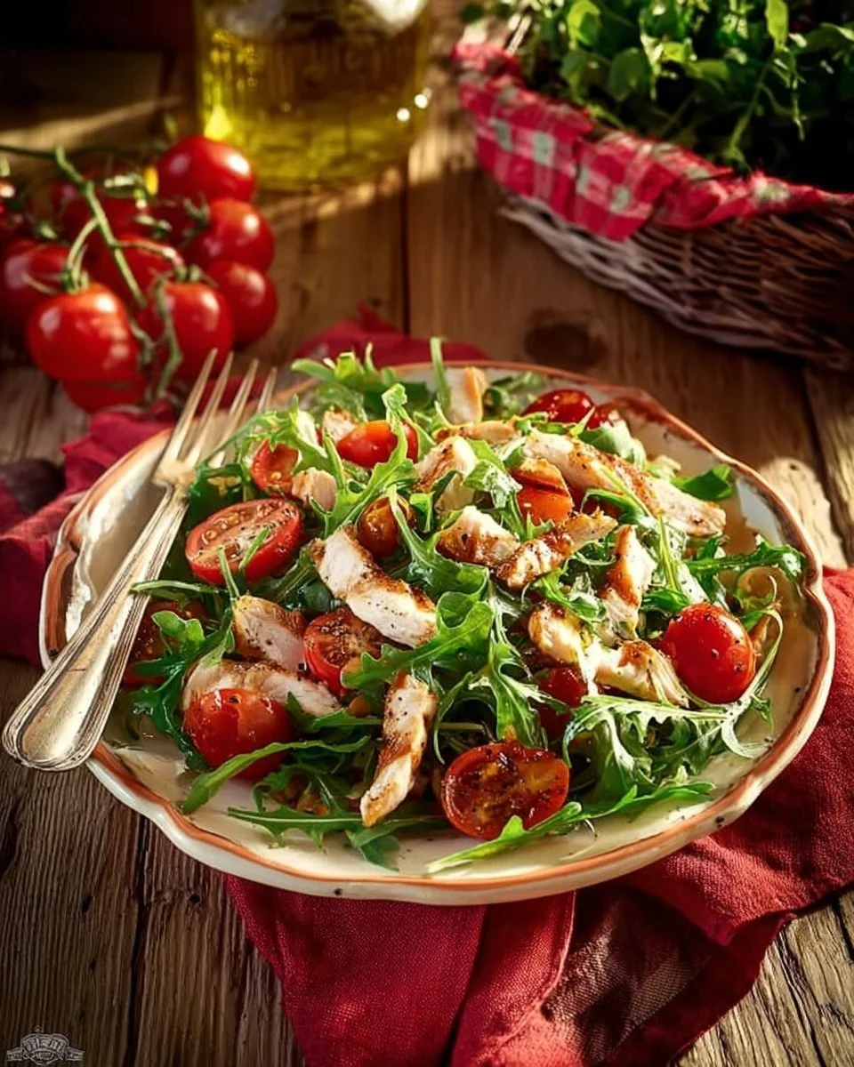 Straccetti di pollo con pomodorini e rucola