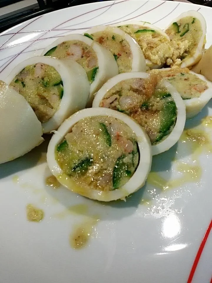 Tubi di totano ripieni con gamberetti e zucchine