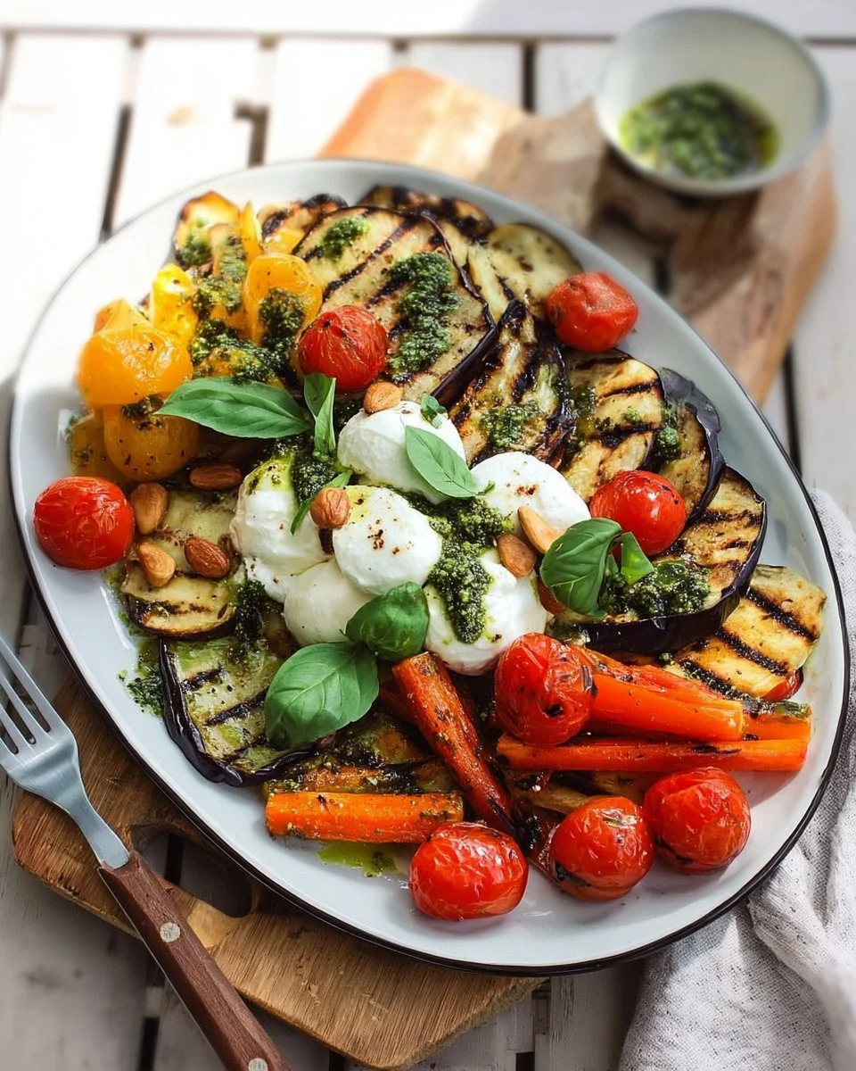 Verdure estive grigliate con pesto e crema di mozzarella