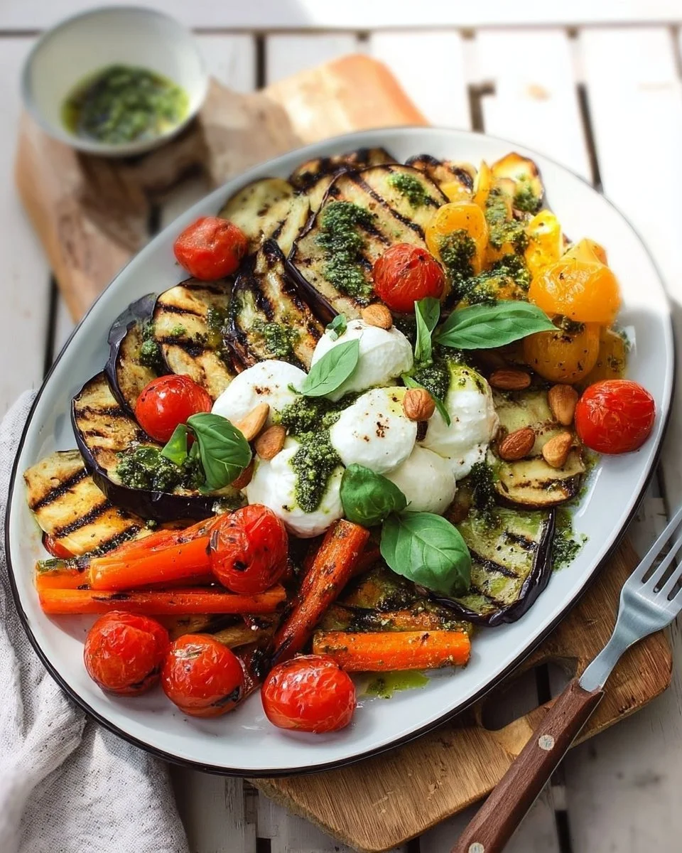 Verdure estive grigliate con pesto e crema di mozzarella