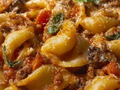 Calamarata with cherry tomatoes, eggplant, and ground beef