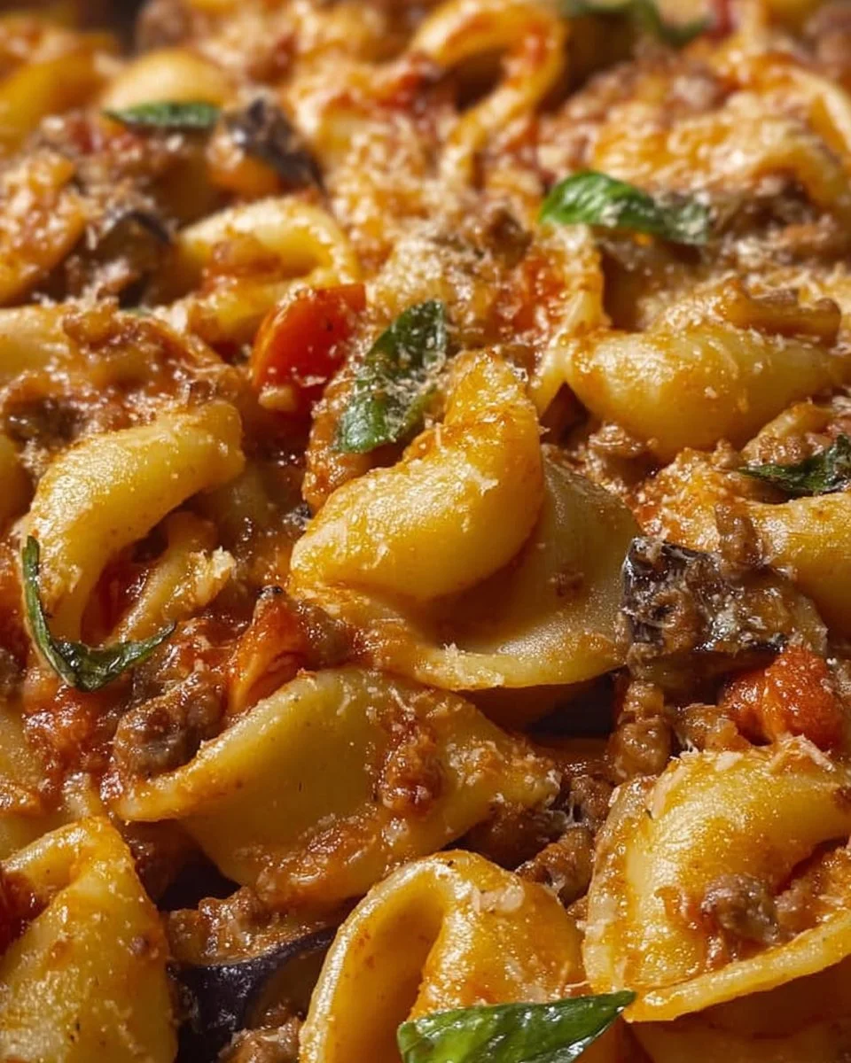 Calamarata with cherry tomatoes, eggplant, and ground beef