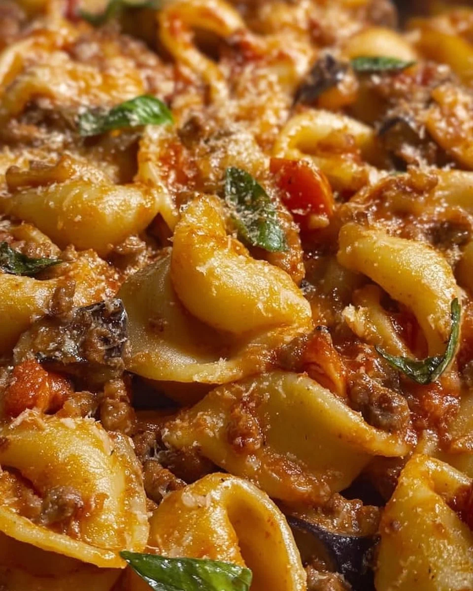 Calamarata with cherry tomatoes, eggplant, and ground beef