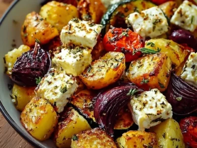 Deliziose patate con feta e verdure al forno