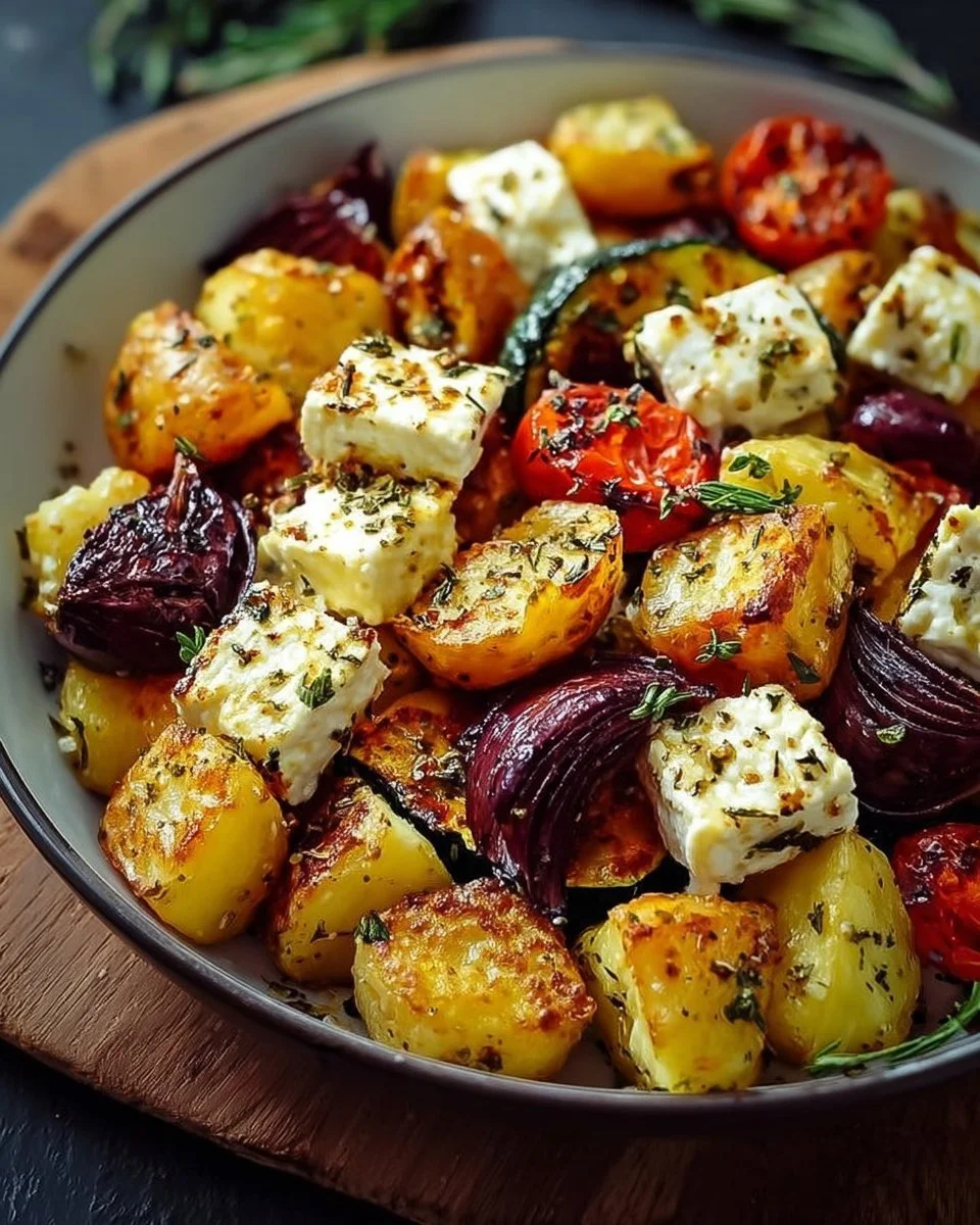 Deliziose patate con feta e verdure al forno