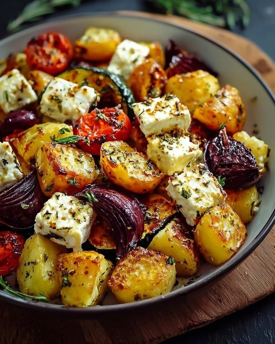 Deliziose patate con feta e verdure al forno