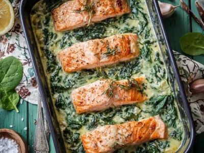 Filetto di salmone su un letto di spinaci cremosi e panna
