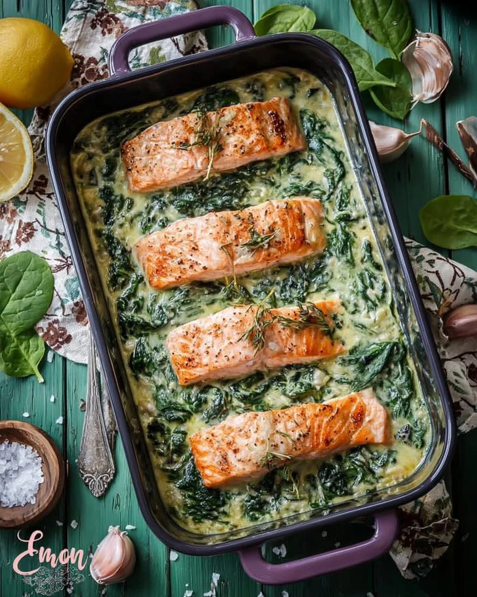Filetto di salmone su un letto di spinaci cremosi e panna