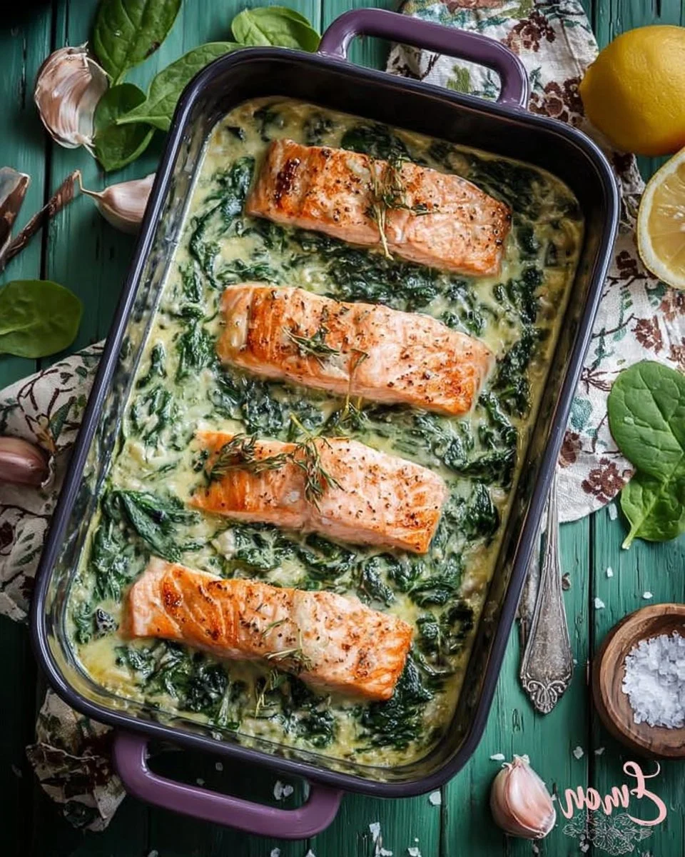 Filetto di salmone su un letto di spinaci cremosi e panna