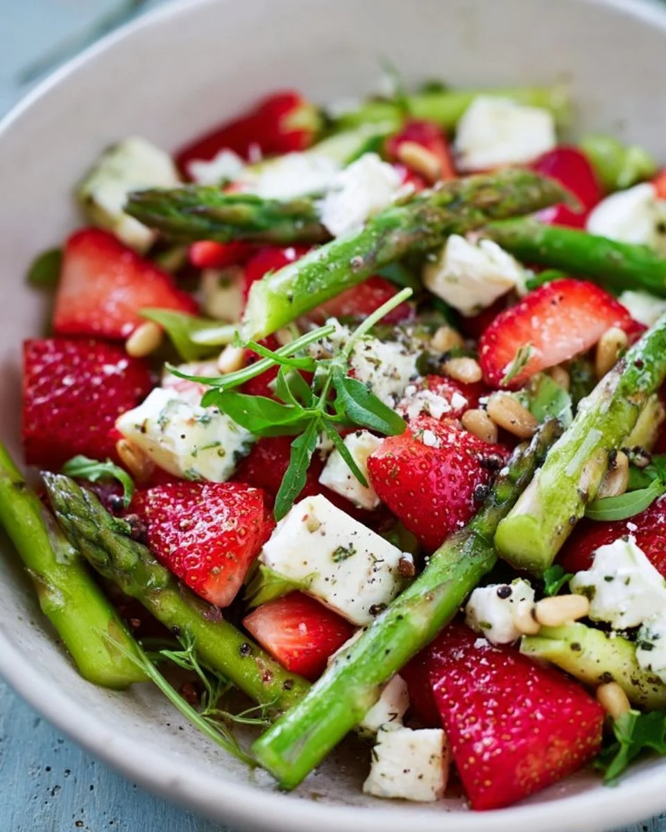 Insalata di asparagi e fragole con feta e pinoli