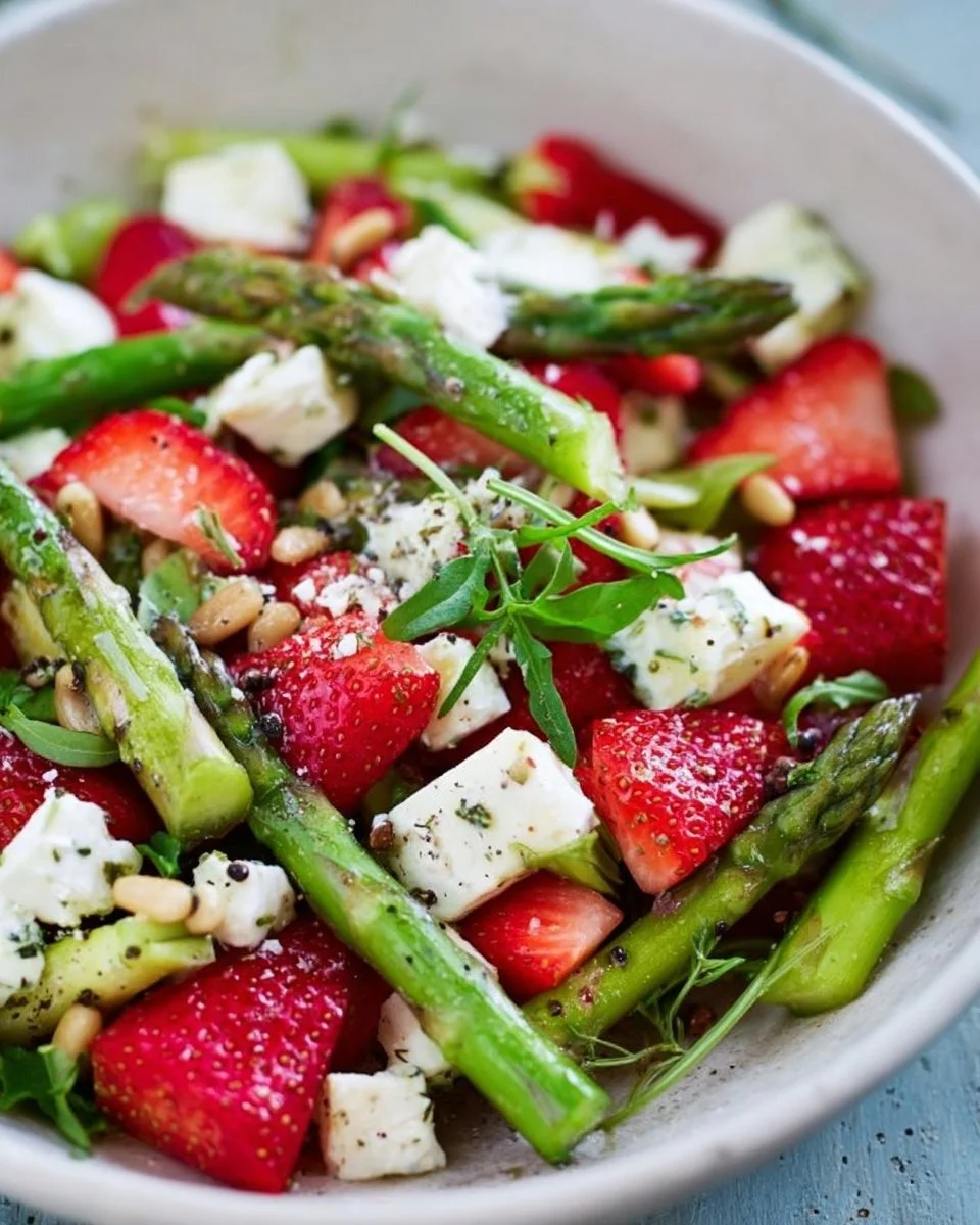 Insalata di asparagi e fragole con feta e pinoli