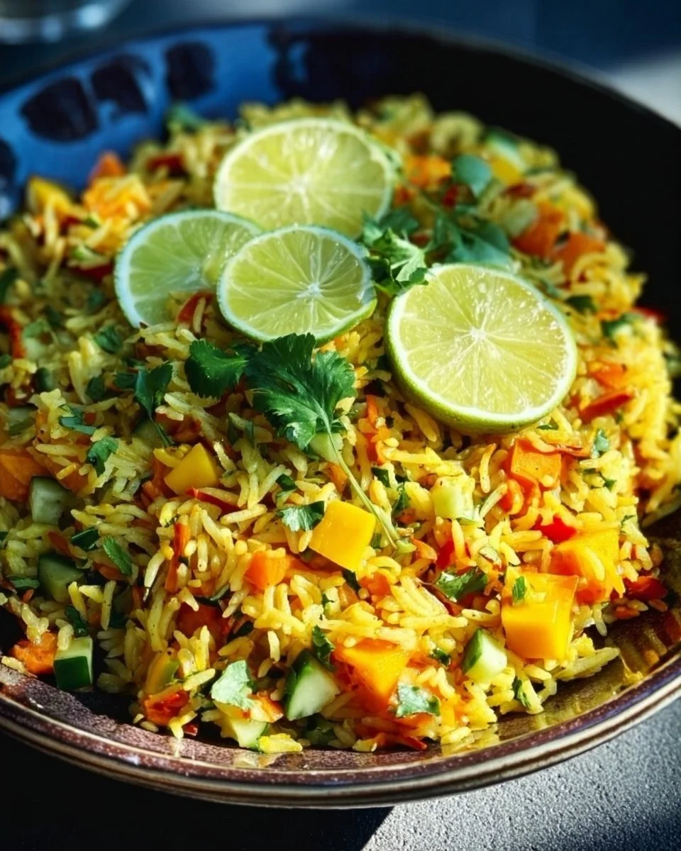 Insalata di riso speziata all'indiana con mango
