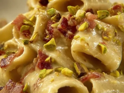 Paccheri alla crema di burrata e pistacchi con guanciale croccante