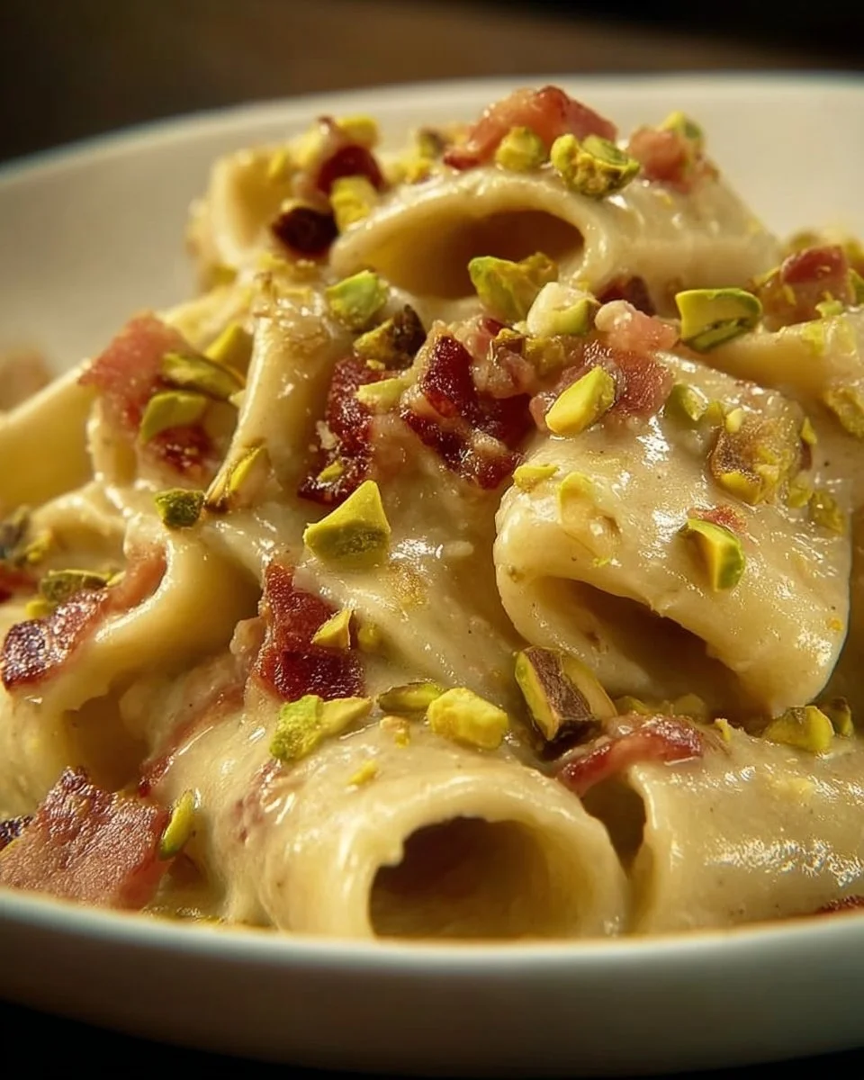 Paccheri alla crema di burrata e pistacchi con guanciale croccante