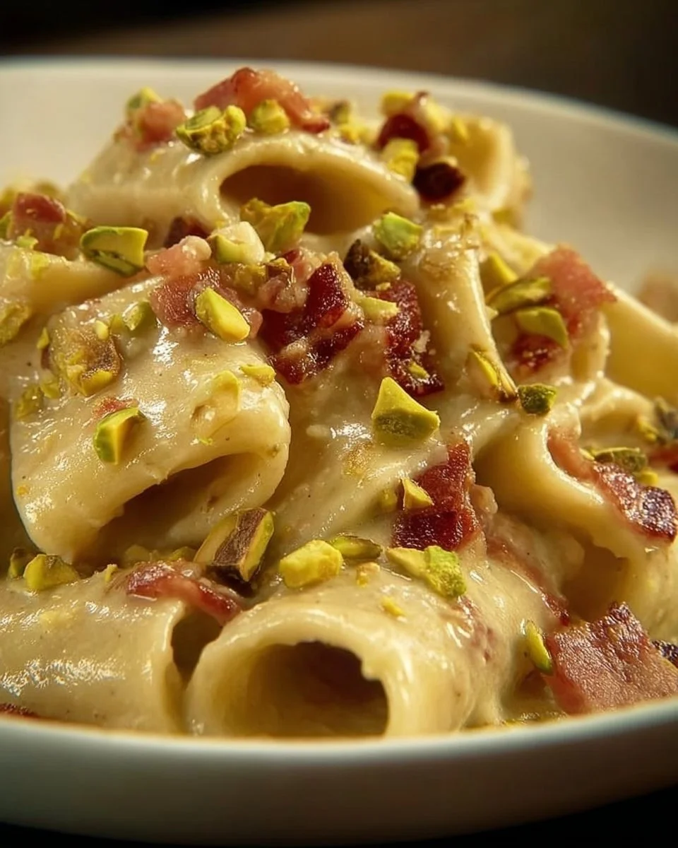Paccheri alla crema di burrata e pistacchi con guanciale croccante