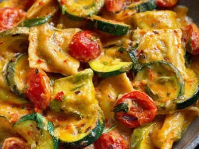 Padella di Maultaschen cremosa con zucchine e pomodori