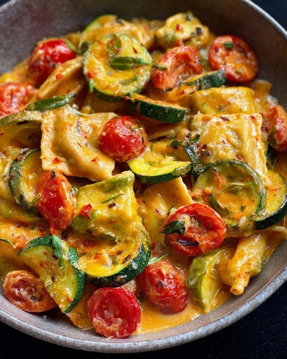 Padella di Maultaschen cremosa con zucchine e pomodori