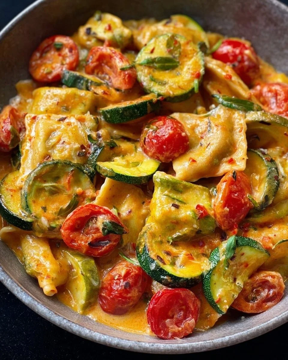 Padella di Maultaschen cremosa con zucchine e pomodori
