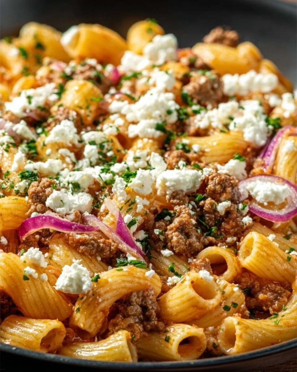 Padella veloce di pasta e carne macinata con feta