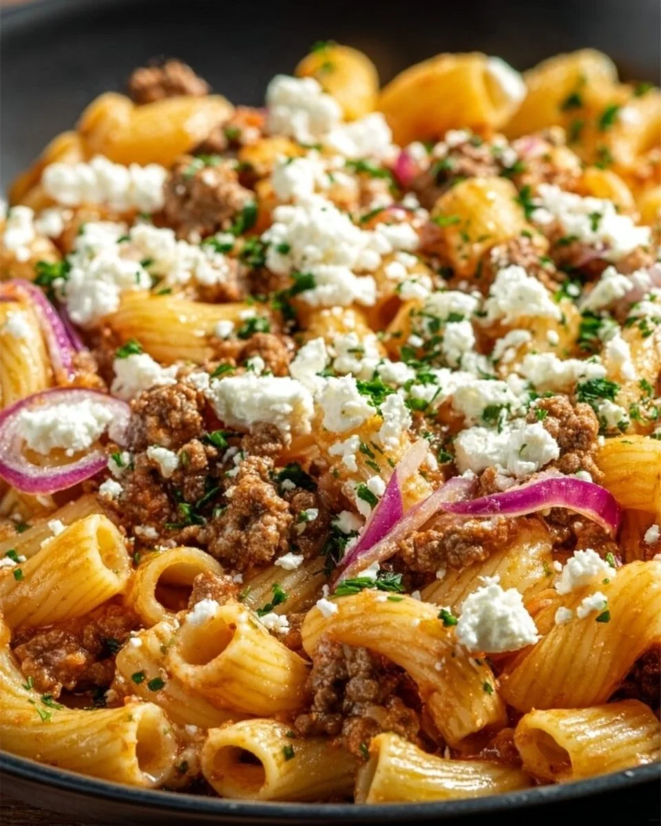 Padella veloce di pasta e carne macinata con feta