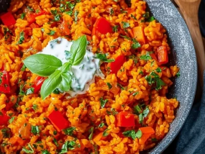 Padella veloce di riso con paprika e salsa di yogurt