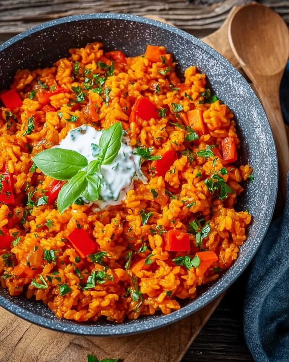 Padella veloce di riso con paprika e salsa di yogurt