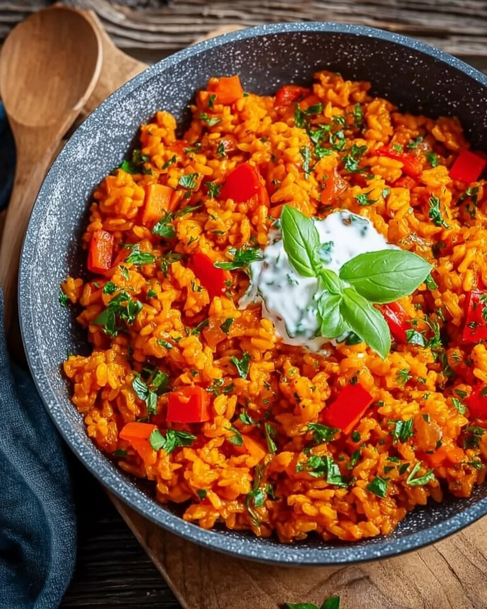 Padella veloce di riso con paprika e salsa di yogurt