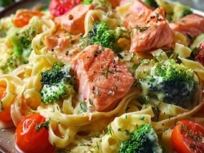 Pasta cremosa con salmone, broccoli e pomodorini