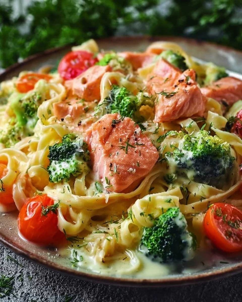 Pasta cremosa con salmone, broccoli e pomodorini