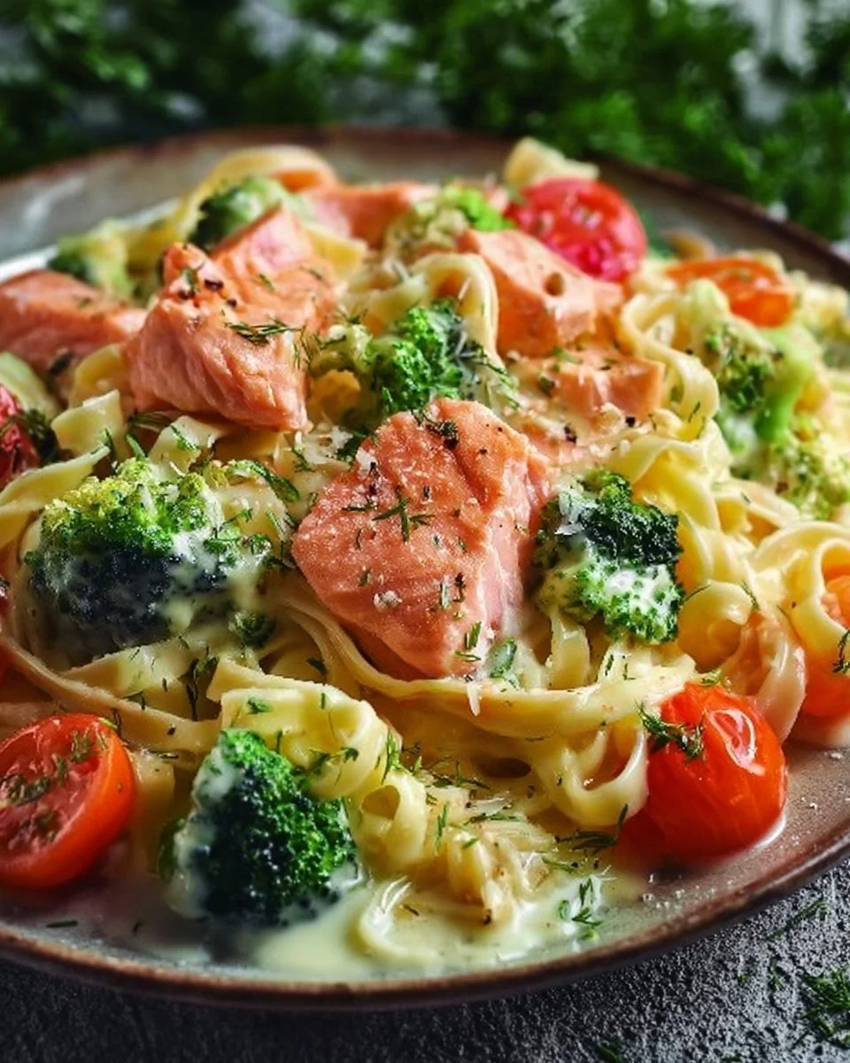 Pasta cremosa con salmone, broccoli e pomodorini