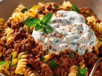 Pasta turca con carne macinata e salsa di yogurt