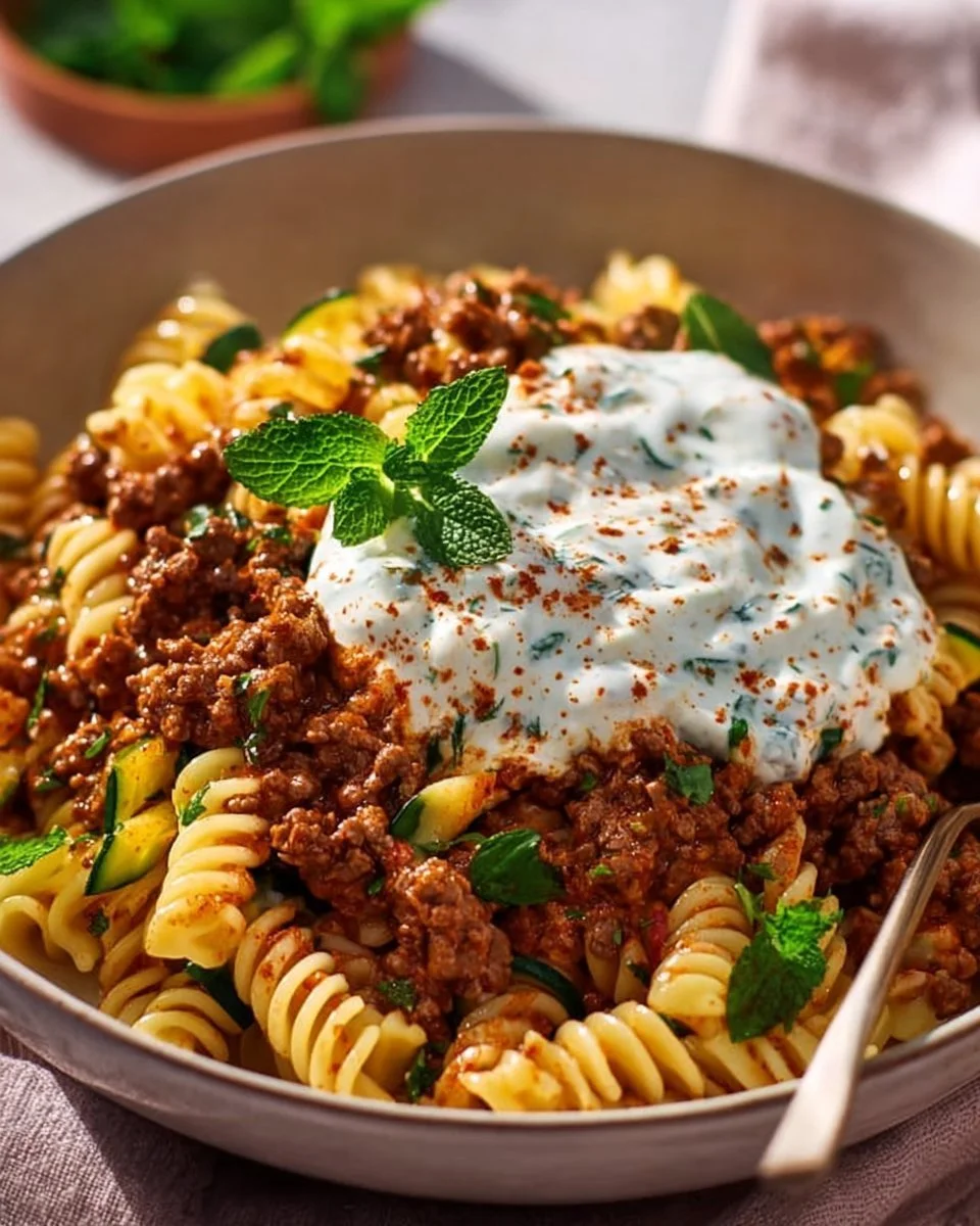 Pasta turca con carne macinata e salsa di yogurt