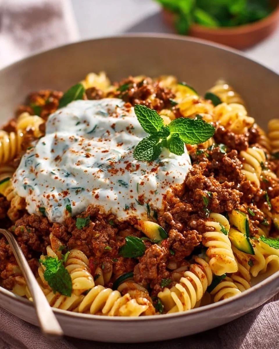 Pasta turca con carne macinata e salsa di yogurt
