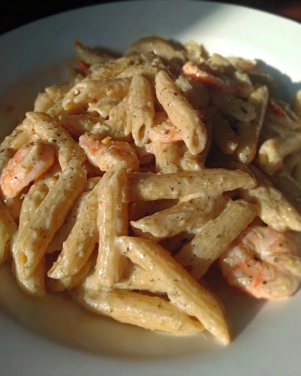 Penne rigate con crema di mandorle e gamberetti