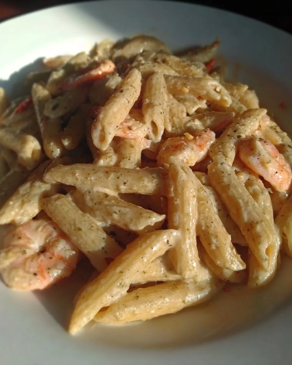 Penne rigate con crema di mandorle e gamberetti