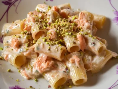 Pennoni rigati con gorgonzola, salmone affumicato e pistacchi tritati